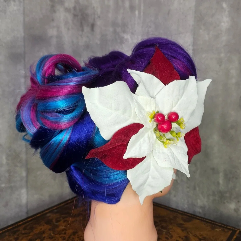 Handmade Holiday Poinsettia‎ Hair Flower Clip White Red Berries Christmas Pinup